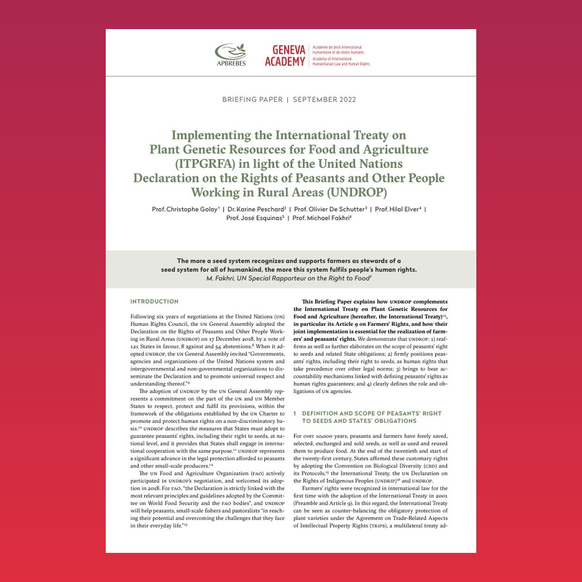 Apbrebes and Geneva Accademy _Implementing the FAO treaty in light of UNDROP – cover