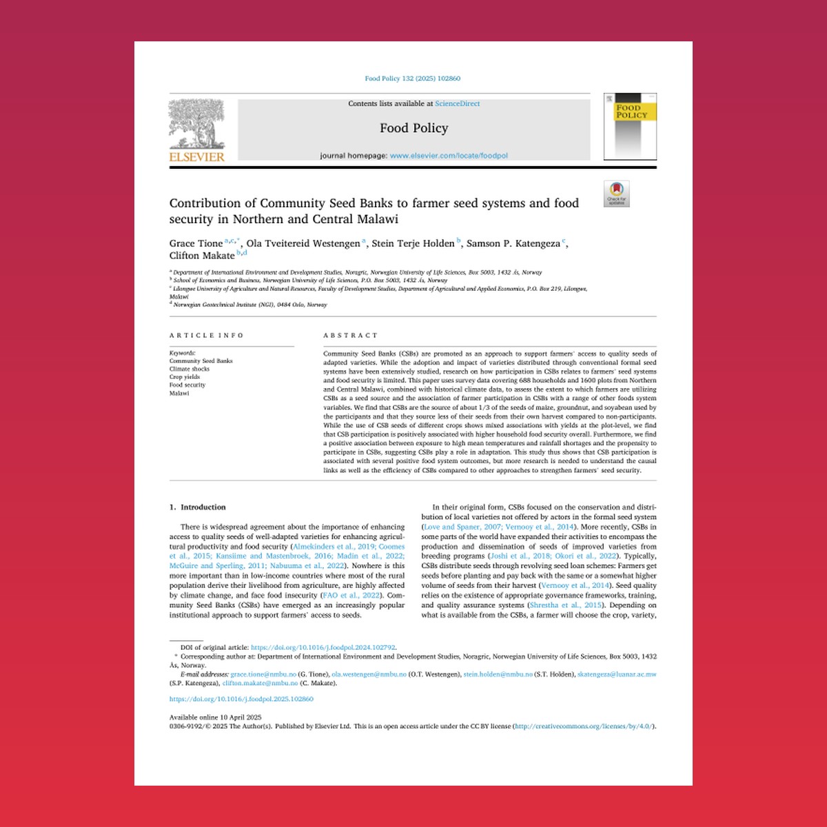 Contribution of Community Seed Banks to farmer seed systems and food security in Northern and Central Malawi – cover