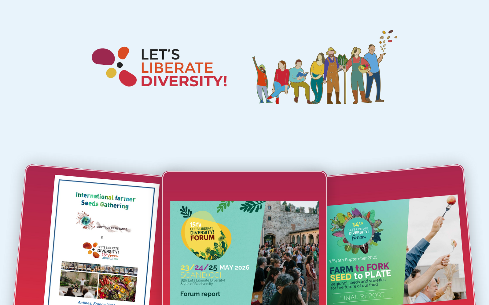 Seed Knowledge Hub collection - LLD Forum Let's Liberate Diversity! logo above covers of Forum reports in the Hub